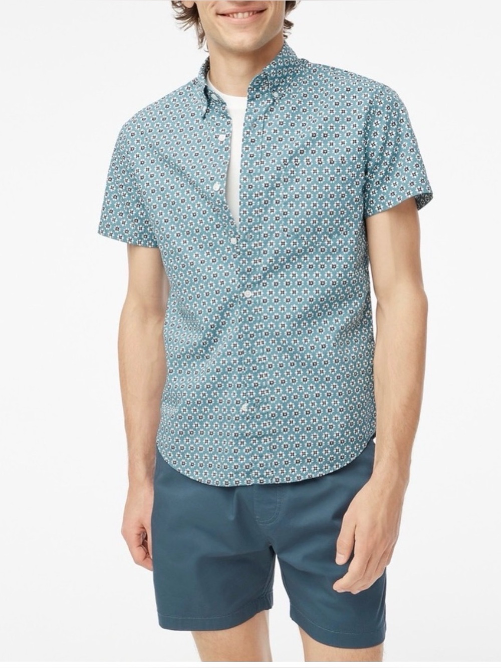 J. Crew Men’s Teal Short-Sleeve Geometric Floral Button-Down Shirt